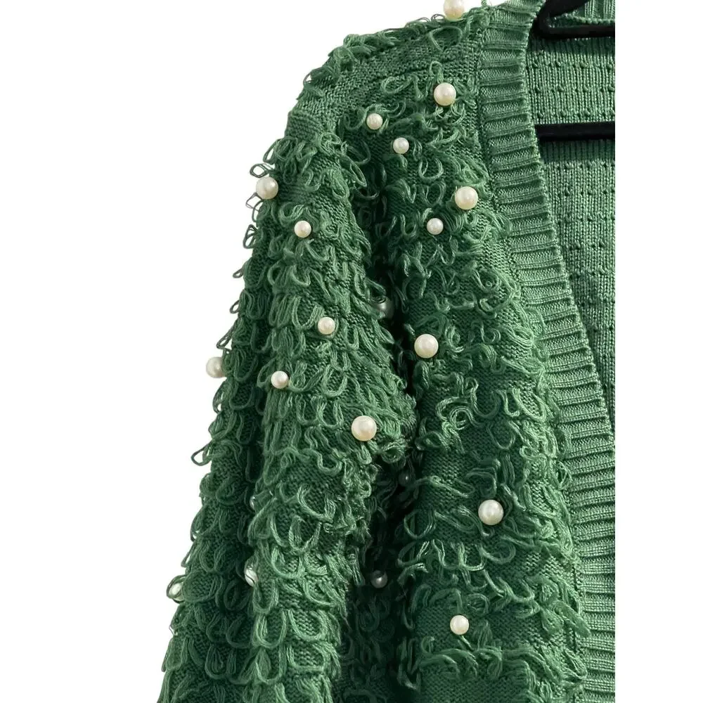 Mighty Fine Green Dress Cropped Cardigan Loop & Pearl Embellishments M-Holiday - Picture 4 of 11